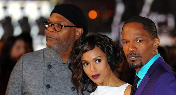 Jamie Foxx (right) with Django Unchained co-stars Samuel L. Jackon and Kerry Washington