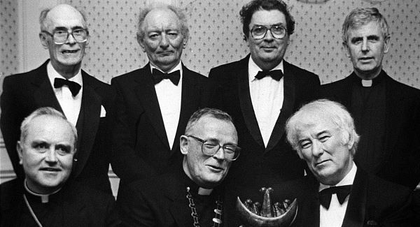 Seamus Heaney (front right) with Brian Friel and John Hume, (back row, 3rd and 2nd from right) at a St Columb's College function in Derry where they shared a common teacher in Mr Sean B O'Kelly, (Back row, extreme left). Pic: Photopress